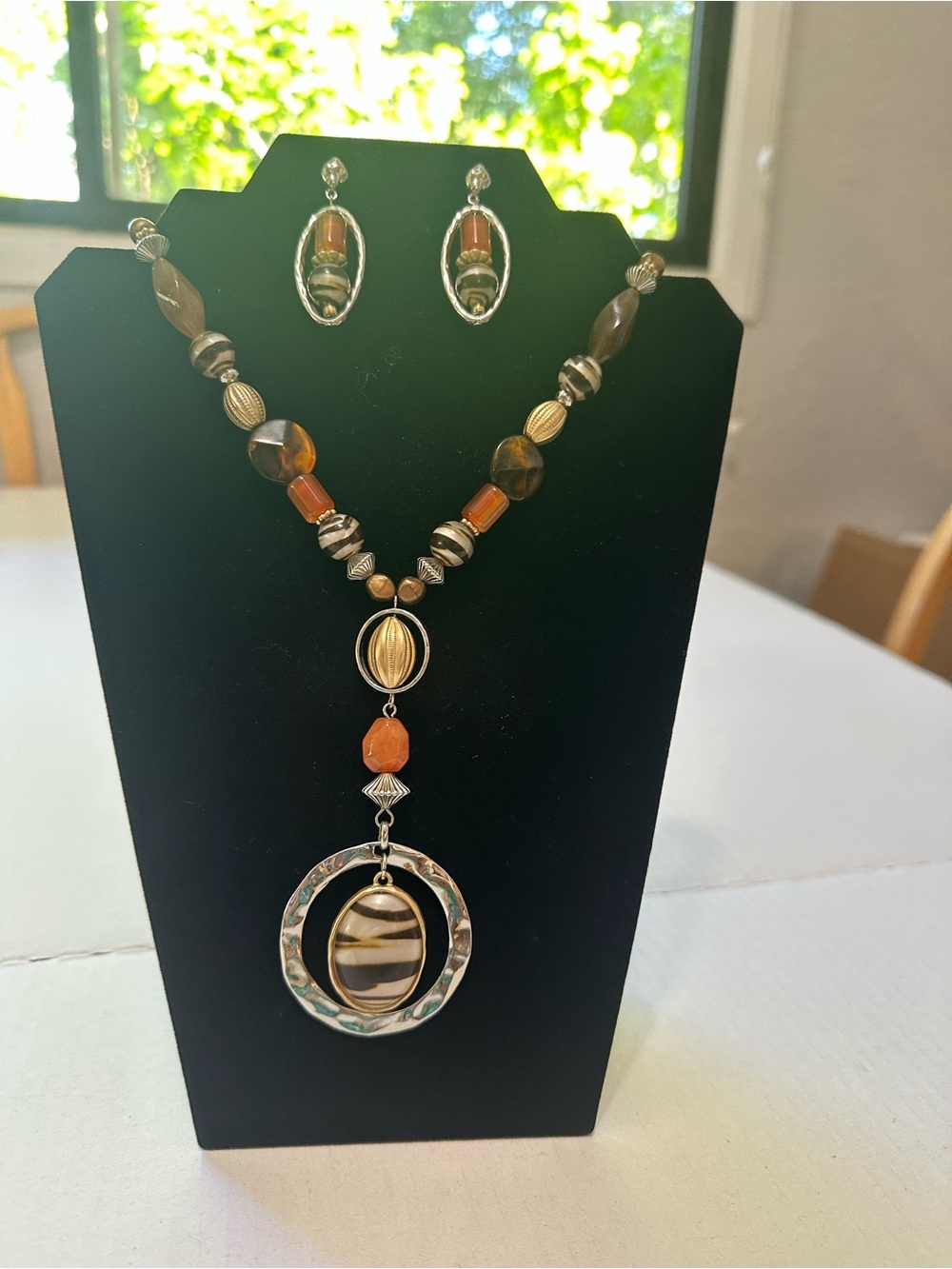 Chico’s  Orange, Brown & Gold Beaded Pendant Necklace & Earrings set